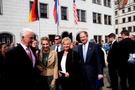 Elbe Day April 25, 2015 in Torgau Ambassador and Mrs Emerson with Landrat Michael Czupalla and Torgau Mayor Andrea Staude (16664295704)