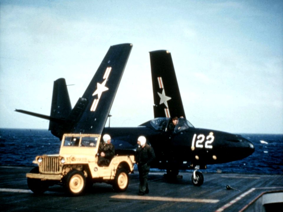 FH-1 Phantom on USS Saipan (CVL-48) with folded wings 1948