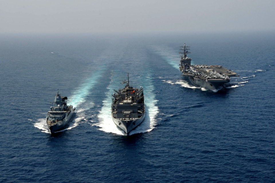 FGS Hamburg steams alongside USNS Bridge as USS Dwight D. Eisenhower approaches. (8591439419)