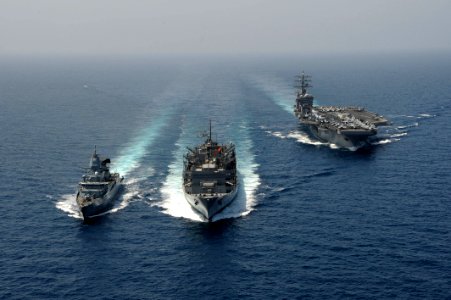 FGS Hamburg steams alongside USNS Bridge as USS Dwight D. Eisenhower approaches. (8591439419)