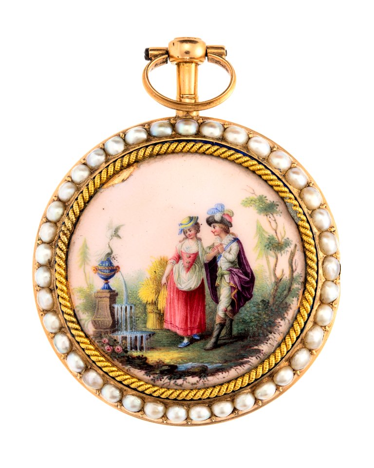 Fickur med boett av guld med pärlor och miniatyrmålning i emalj, 1700-tal - Hallwylska museet - 110418