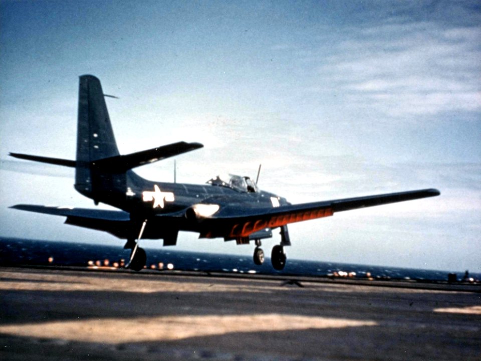 FH-1 Phantom landing on USS Saipan (CVL-48) 1948
