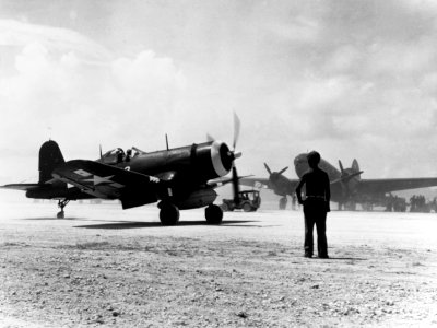 FG-1 Corsair lands at Peleliu airfield in September 1944