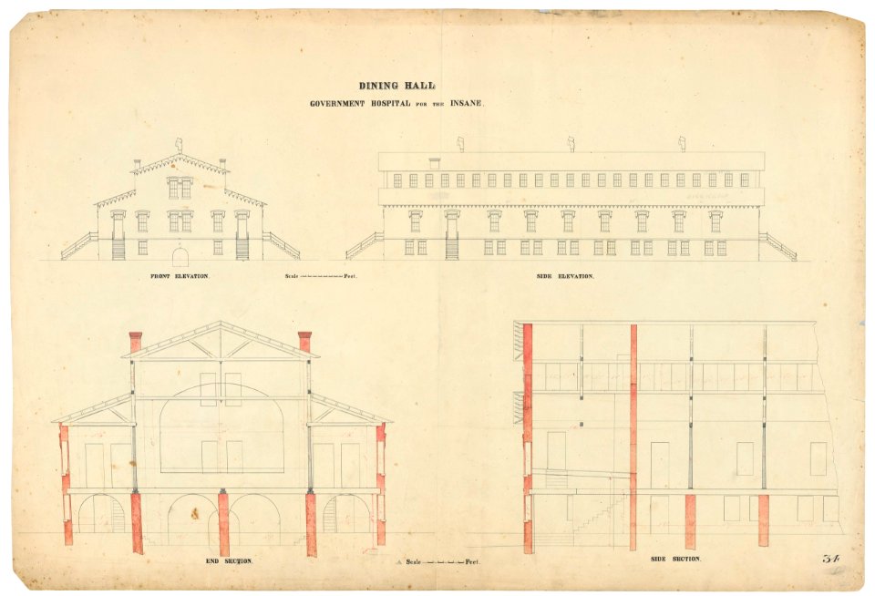Government Hospital for the Insane (Saint Elizabeths Hospital), Washington, D.C. Dining hall. Elevations and sections LCCN2013648659