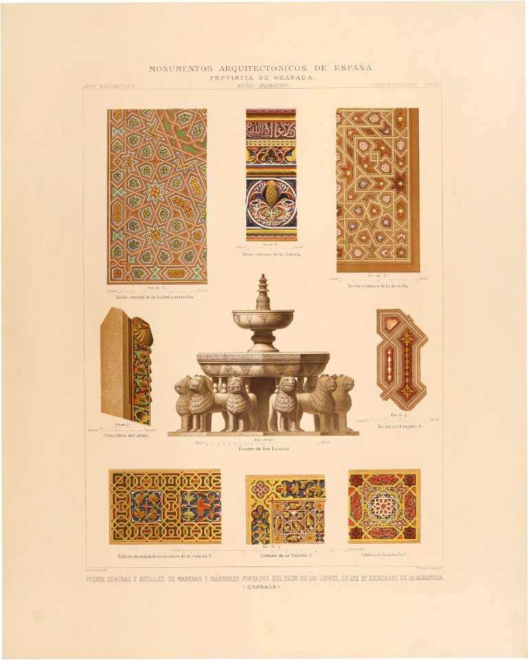 Granada. Fuente central y detalles de maderas y mármoles pintados del Patio de los Leones, en los Reales Alcázares de la Alhambra