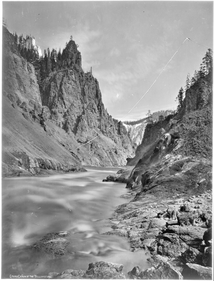 Grand Canyon of the Yellowstone from the foot of the lower falls showing the Red Pinnacle. Yellowstone National Park. - NARA - 517646