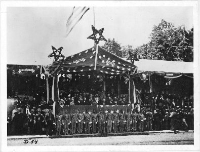 Grand Review, 1865. Washington, showing reviewing stand with Gen. Grant, & Pres. Johnson & Cabinet. - NARA - 524473 photo