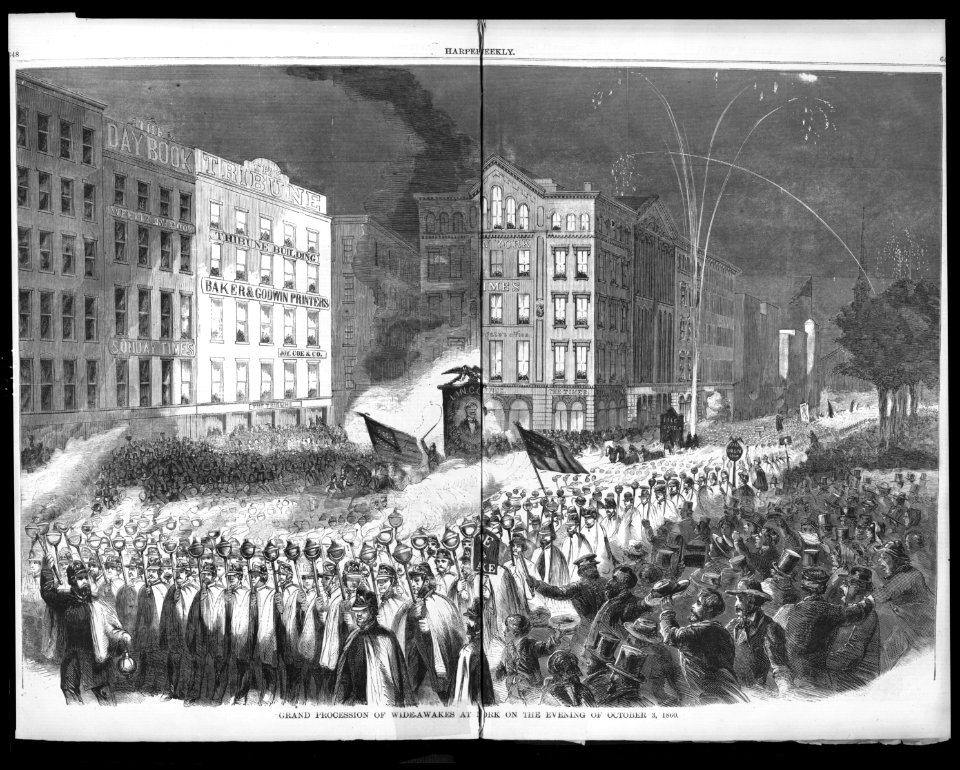 Grand procession of Wide-Awakes at New York on the evening of October 3, 1860. Republican Wide Awakes in N.Y. - Lincoln-Hamlin Campaign (Printing-House Square (Park Row and Nassau St.)) LCCN99614201