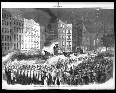 Grand procession of Wide-Awakes at New York on the evening of October 3, 1860. Republican Wide Awakes in N.Y. - Lincoln-Hamlin Campaign (Printing-House Square (Park Row and Nassau St.)) LCCN99614201