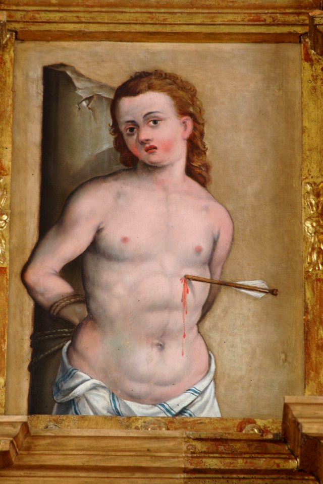 G.A.Agostini, altare maggiore, s.Sebastiano, chiesa di S. Michele a Formeaso di Zuglio