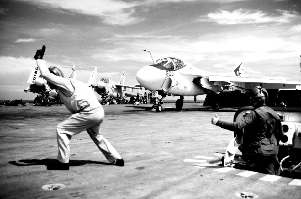 Grumman A-6A Intruder of VA-165 is launched from USS America (CVA-66) on 16 May 1970 (K-84135)