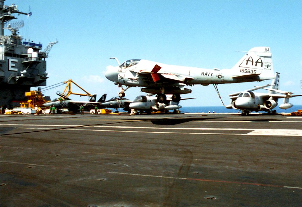 Grumman A-6E Intruder of VA-75 lands aboard USS Enterprise (CVN-65) on 9 September 1996 (6507871)