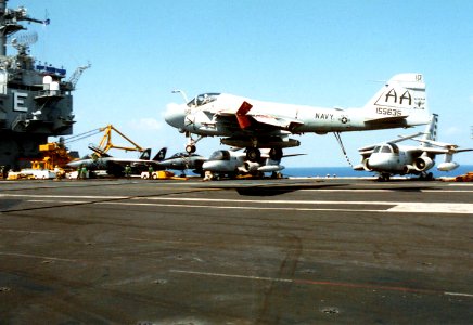 Grumman A-6E Intruder of VA-75 lands aboard USS Enterprise (CVN-65) on 9 September 1996 (6507871)