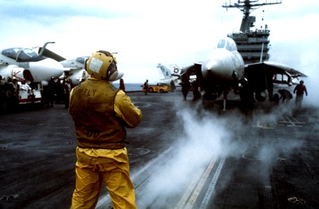 Grumman F-14A Tomcat of VF-41 on a catapult of USS Nimitz (CVN-68) in the Mediterranean Sea on 1 February 1983 (6396098)