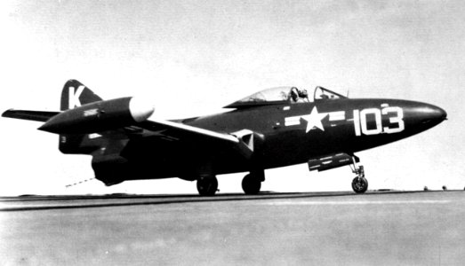 Grumman F9F-2 Panther of VF-31 lands aboard USS Leyte (CV-32) off Korea, circa in 1950
