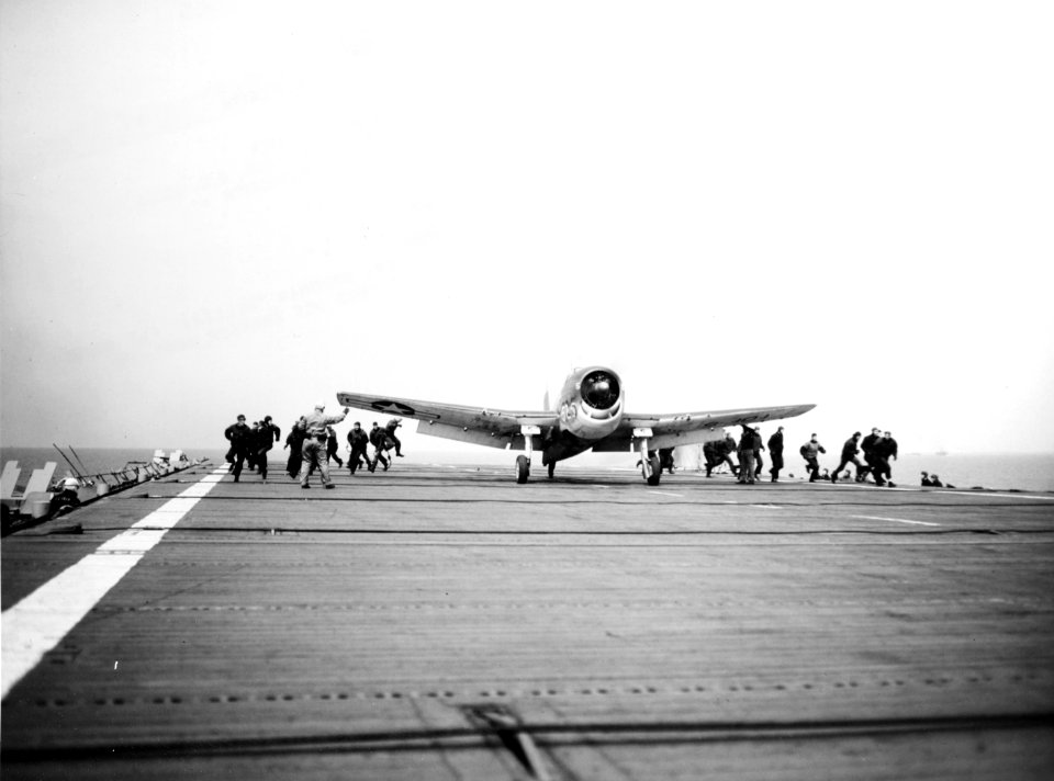 Grumman F6F Hellcat aboard USS Charger (CVE-30) on 8 May 1944 (80-G-K-1600)