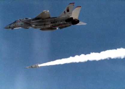 Grumman F-14A Tomcat of VF-11 launches AIM-54 Phoenix missile, in 1982 (NNAM.1996.488.256.018)
