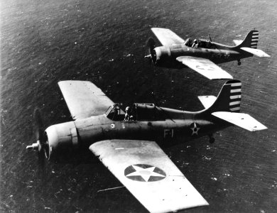 Grumman F4F-3 Wildcats of VF-3 in flight off Oahu on 10 April 1942 (80-G-10613)