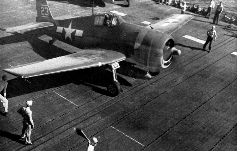 Grumman F6F Hellcat of VF-8 aboard USS Bunker Hill (CV-17), in 1944