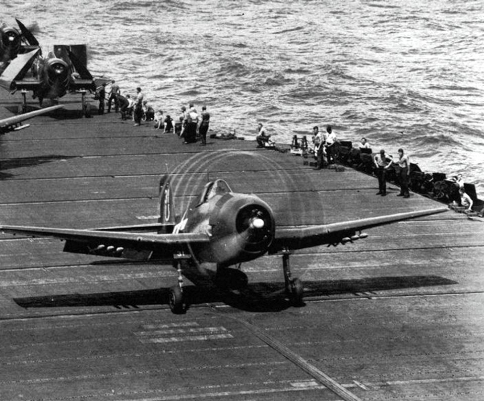 Grumman F6F-5 Hellcat takes off from USS Hancock (CV-19), circa in 1944