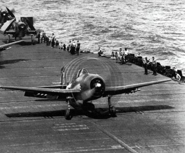 Grumman F6F-5 Hellcat takes off from USS Hancock (CV-19), circa in 1944