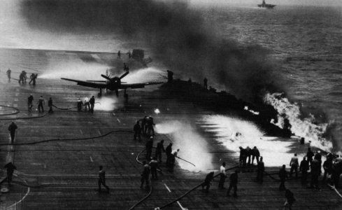 Grumman F6F-5 Hellcat after landing accident aboard USS Randolph (CV-15), in 1945