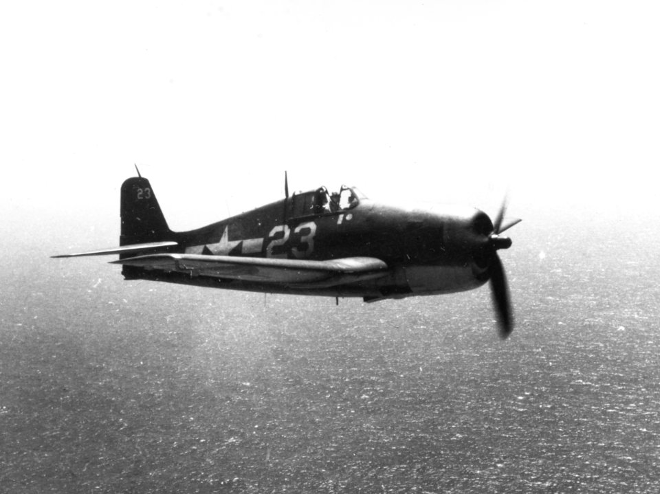 Grumman F6F-3 of VF-9 in flight, ca February 1944