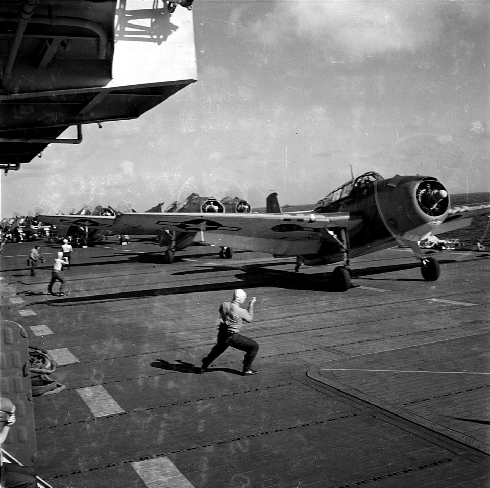 Grumman TBF Avengers of VT-28 aboard USS Monterey (CVL-26) in June 1944 (80-G-432851)