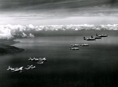 Grumman TBF-1 Avengers in flight over Espiritu Santo, New Hebrides, on 9 November 1943 (80-G-54808)