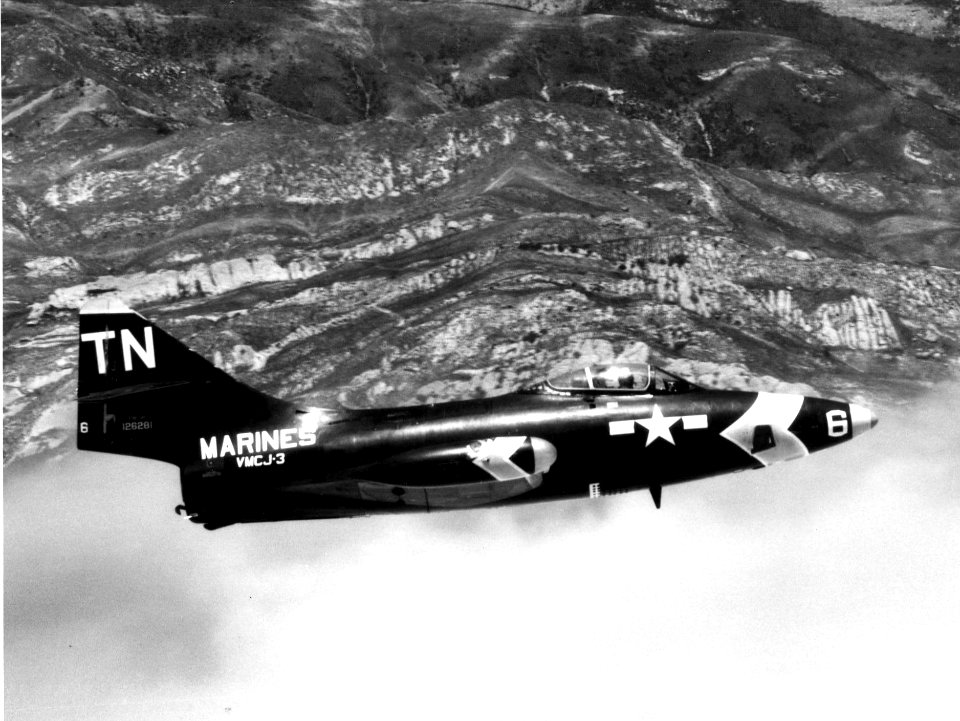 Grumman F9F-5P Panther of VMCJ-3 in flight