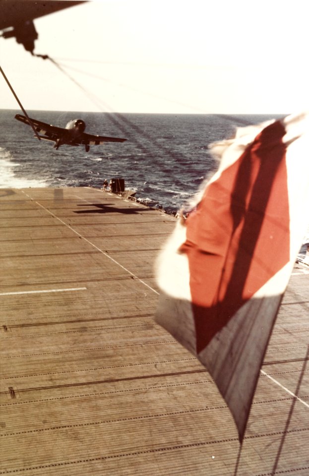 Grumman F6F-5 Hellcat of VOF-1 is waved off from USS Tulagi (CVE-72), 15 August 1944 (80-G-K-15370)