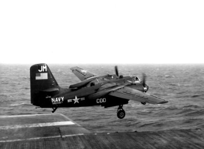 Grumman TF-1 Trader launching from carrier c1956
