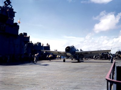 Grumman TBF-1 Avenger of VT-5 about to take off from USS Yorktown (CV-10), circa in late 1943 (80-G-K-15278)