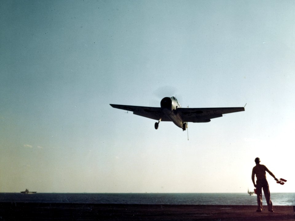 Grumman TBF Avenger lands aboard USS Lexington (CV-16), in December 1944 (80-G-K-15629)