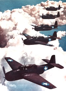Grumman TBF-1 Avengers of VGS-29 in flight over Norfolk, Virginia (USA), 1 September 1942 (NH 43430-KN)