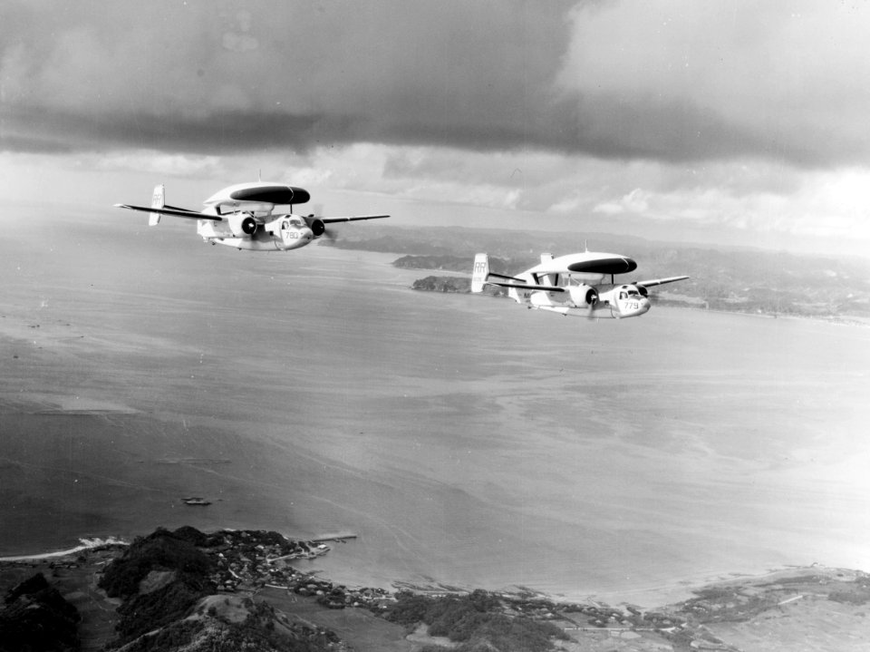 Grumman WF-2 Tracers of VAW-11 in flight off Japan c1961