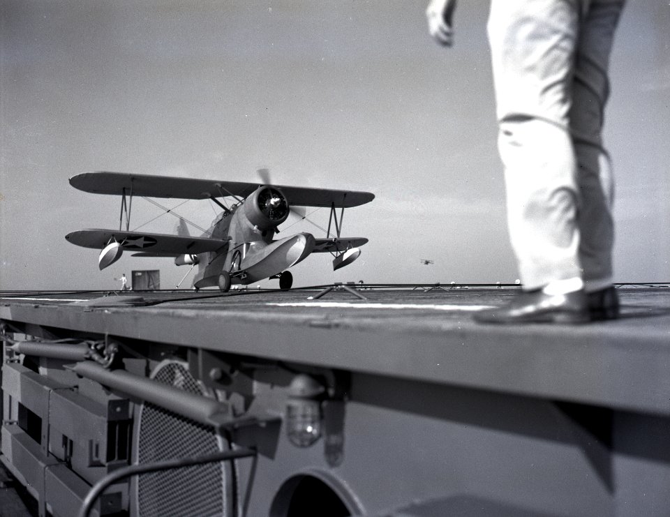 Grummen J2F-4 Duck landing on USS Charger (AVG-30) on 2 August 1942 (80-G-14267)