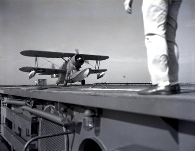 Grummen J2F-4 Duck landing on USS Charger (AVG-30) on 2 August 1942 (80-G-14267)