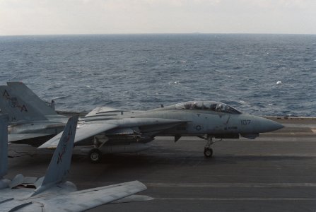 Grumman F-14A Tomcat of VF-74 after landing aboard USS Saratoga (CV-60) in the Mediteranean Sea, 12 February 1986 (6405098) photo