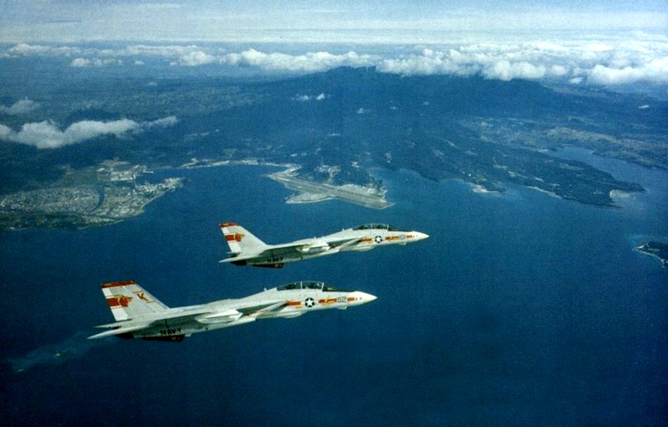 Grumman F-14A Tomcats of VF-1 in flight over Subic Bay, Philippines, in 1978