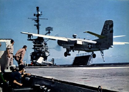 Grumman S2F-1 Tracker of VS-37 lands on USS Hornet (CVS-12), in 1960