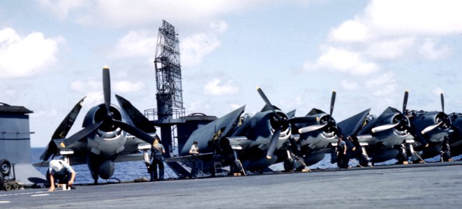 Grumman F6F-3 Hellcats aboard USS Cowpens (CVL-25), circa in 1943 (80-G-K-664)