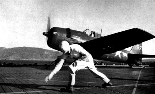 Grumman F6F-5 Hellcat of VF-82 is launched from USS Bennington (CV-20), circa in 1944