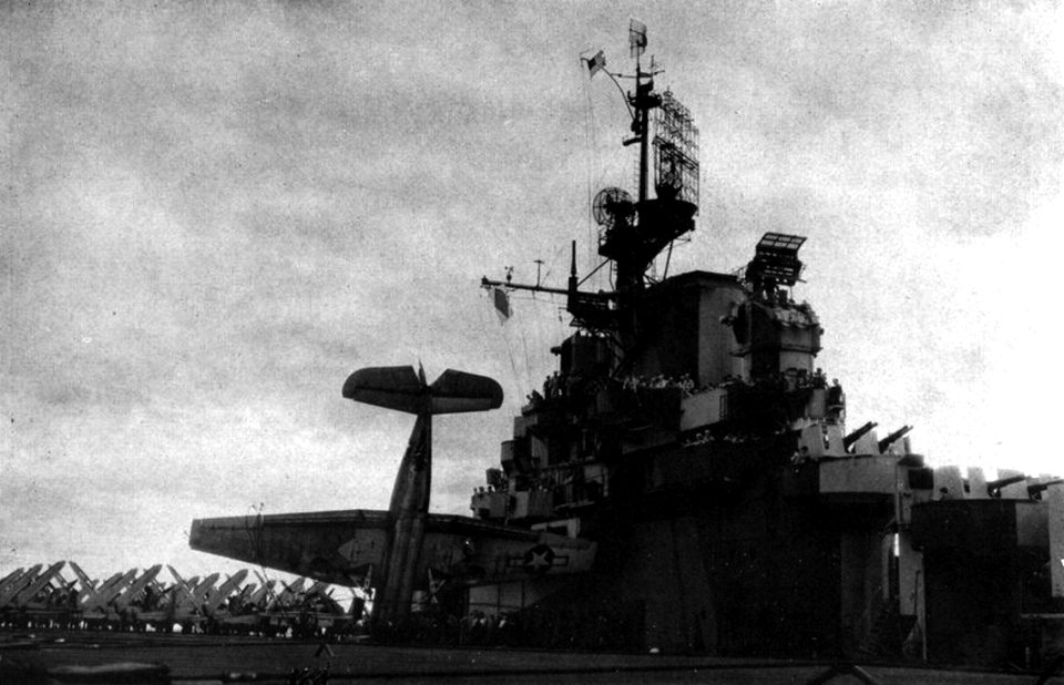Grumman TBF Avenger hitting crash barrier aboard USS Ticonderoga (CV-14), circa in 1944