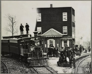 Hanover Junction Pennsylvania, 1863, railroad station. Detail of engine in yard and waiting crowd LCCN2012649995 photo