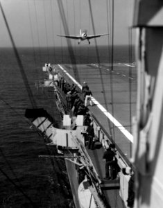 Grumman TBF Avenger landing aboard USS Charger (CVE-30) on 22 April 1944 (80-G-K-1518)