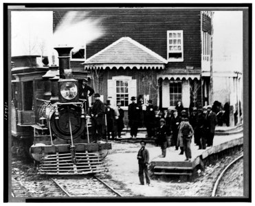 Hanover Junction, Pennsylvania--1863--Hanover Junction Railroad Station (detail of locomotive and crowd) Digital ID- (b&w film copy neg.) cph 3c24420 http- hdl.loc.gov loc.pnp cph.3c24420 photo