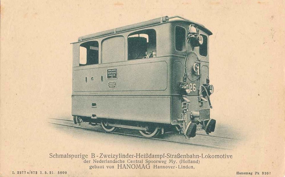 Hanomag. Schmalspurige B-Zweizylinder-Verbund-Heißdampf-Straßenbahnlokomotive der Niederlandsche Central Spoorweg My. (Holland)