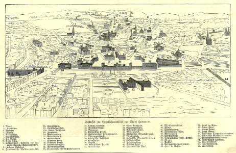 Hannover aus der Vogelschau 1872, numerierter Schlüssel aus Illustrirte Zeitung No. 1515, Seite 31, 1872-07-13, Ausschnitt