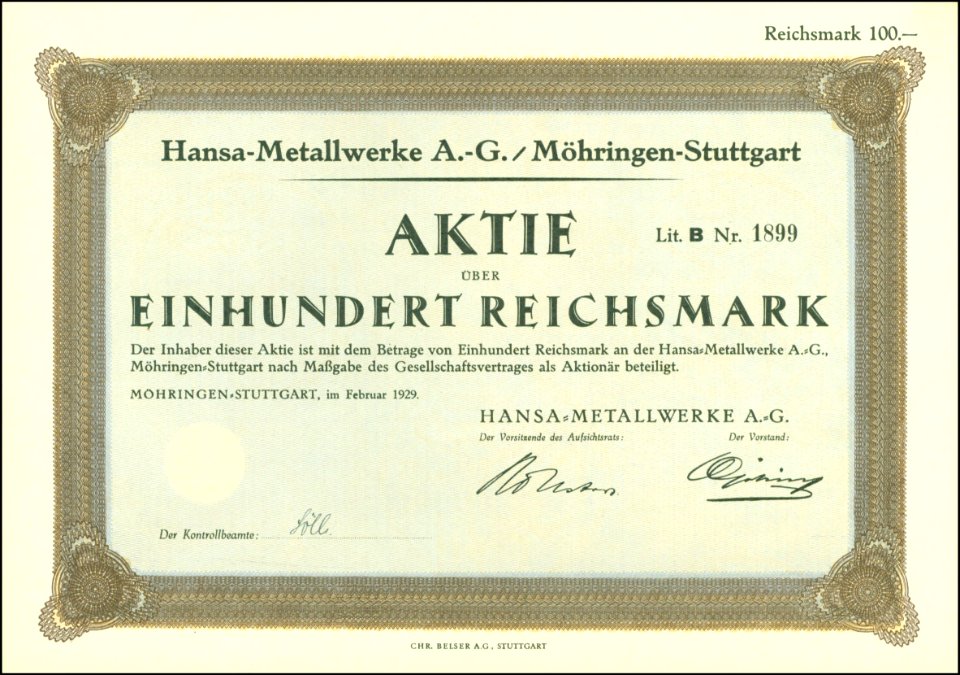 Hansa-Metallwerke 1929 100 RM